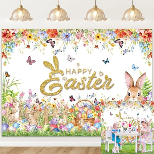 Happy Easter Backdrop for Photography Cartoon Rabbit Colored Egg Spring Flower Photo Background Banner Kids Easter Party Decorations Photo Props (7x5FT)