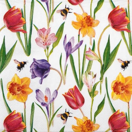 20 Servietten Frühling Frühlingsblumen und Bienen als Tischdeko. Papierservietten mit Motiv. Auch für Decoupage und Serviettentechnik 33x33cm