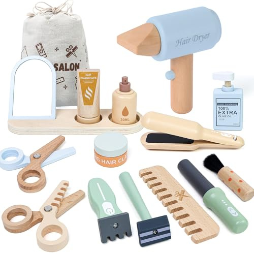 FIIOEOY Wooden Hairdresser Set for Kids Role Play Toys Kids Barber Shop Playset Hairdressing Set, Educational Montessori Hair Salon Pretend Play Kit Gift for 3 4 5 Year Olds Boys Girls