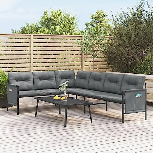 Kaloriko Garten-Ecksofa Anthrazit, Stahl & Textilene, 230x168x65cm, mit Kissen & Seitentaschen, Robustes Outdoor-Möbelset für Terrasse & Balkon