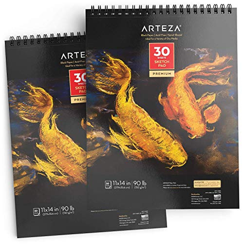 ARTEZA Black Paper Sketchbooks, 11 x 14 in, 2 Pack, 60 Sheets for Drawing
