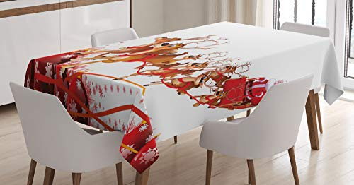 ABAKUHAUS Weihnachtsmann Tischdecke, Weihnachtskugeln und Rentiere, Wasserfest Waschbar mit Klar Sichtbaren Farben kein Verblassen Personalisiert, 140 x 170 cm, Hellbraun Weiß Rot