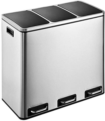 EVRE 54 Litres 18l x 3 Stainless Steel Compartment Indoor Recycling Bin with Soft Closing Lids, Pedal Mechanism, Fingerprint Proof and Odour Seal for Kitchens Bathroom Office