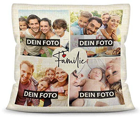 PR Print Royal Kissen mit Füllung - Fotocollage selbst gestalten mit Spruch - Familie - mit Vier eigenen Fotos - Geschenkidee Fotokissen Kissen Leinenoptik- Natur