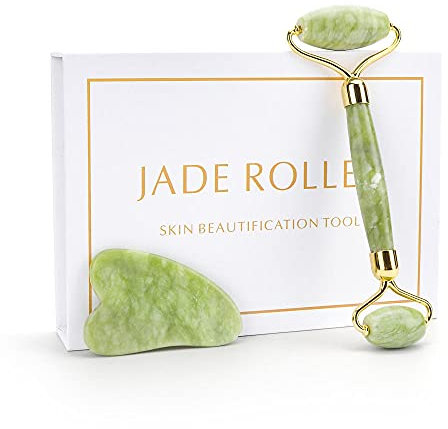 Rouleau de massage du visage Guasha Board Double tête Jade Stone Face Ascenseur-Set vert 1 avec boîte