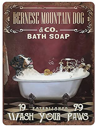 Targa in metallo vintage con cane da bagno con cane da montagna bernese Wash Your Paw Targa in metallo regalo per donne uomini vintage bar casa bagno decorazione da parete cartello compleanno