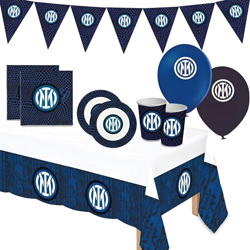 Lage Set Decorazioni Kit per Festa di Compleanno Inter Calcio addobbi da tavola per 8 Persone (8 Piatti - 8 Bicchieri - 20 tovaglioli - 12 Palloncini - 1 tovaglia - 1 Set da 12 bandierine)