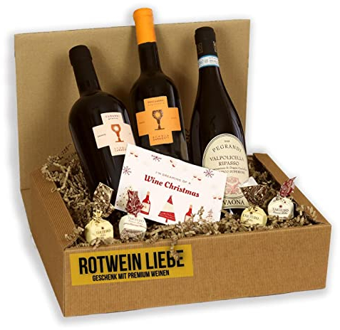 Wein Geschenk Premium Rotwein | Probierpaket gefüllt mit italienischen Pralinen und 3 Rotweinen | Präsentkorb für Frauen & Männer | Geschenkset | Geschenkidee Wein Schokolade Firmengeschenk