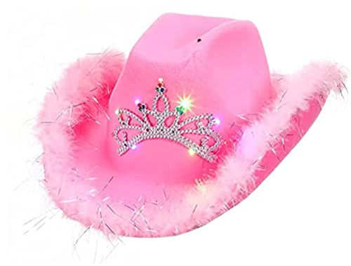 CZSMART Rosa Cowgirl Hut, Rosa Cowboyhut mit LED Tiara Frauen Mädchen Country Western Filz Cowboyhut Halloween Kostüm Party Kostüm Zubehör