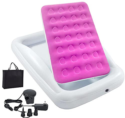 Inflatable Kids Travel Bed Toddler Air Mattress Set,Portable Blow Up Mattress Sleeping Bed Cot with Bed Rails and Electric Pump Ideal for Road Trip
