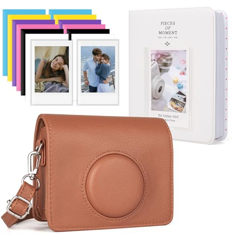 HIYQIN Mini Evo Camera Case with Photo Album/Accessories - Protective Leather Case Compatible with Fujifilm Instax Mini Evo Instant Camera - Brown+White