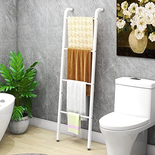 Towel Rail Freestanding, 4-Level Towel Holder Rack, Wall-Leaning Decorative Ladder, for Throws/Blankets/Bath&Hand Towels/Washcloths, for Bathroom, Bedroom, Living Room, Laundry (White)