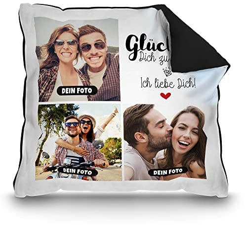 PR Print Royal Kissen mit Füllung - Fotocollage selbst gestalten mit Spruch - Glück ist - mit DREI eigenen Fotos - Geschenkidee Fotokissen | Farbkissen Rückseite Schwarz, 40 x 40 cm