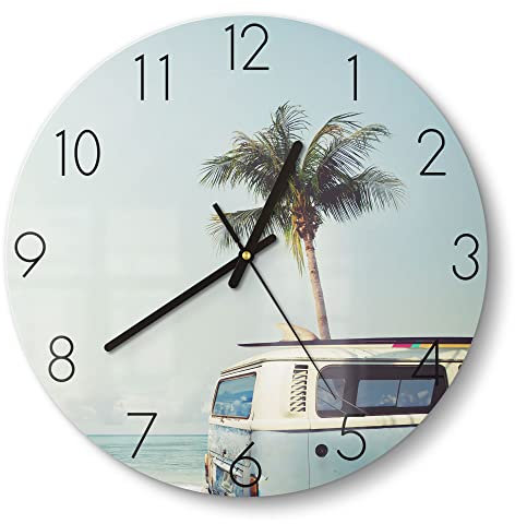 DEQORI Glasuhr | rund Ø 30 cm | Motiv Surfer-Bus am Strand | ausgefallene leise Design Uhr aus Glas | Wanduhr für Wohnzimmer & Küche | Moderne Hingucker Uhr für die Wand
