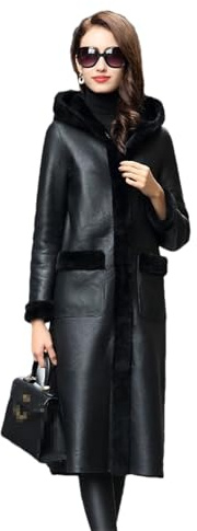 Wvapzxx Echter Schaffell-Kapuzenmantel Für Frauen, Lange Lammfelljacke, Winter, Lockerer Dicker Mantel