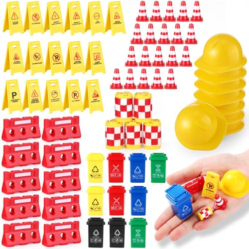 81 Pcs Mini Traffic Signs for Kids Mini Construction Toys Road Street Warning Signs Miniature Plastic Traffic Cones Garbage Can Roadblocks Safety Educational Playset for Kids Boys Girls