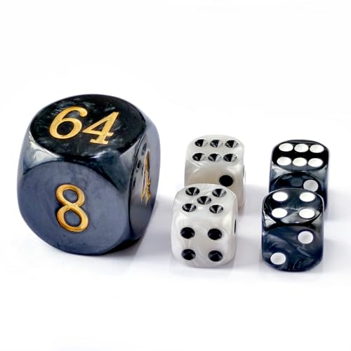 Backgammon-Perlen-Würfel-Set, 30 mm, großer Backgammon-Doppelwürfel plus 4 x 16 mm Würfel (Schwarz/Weiß marmoriert), 5-teiliges Set, 30 mm