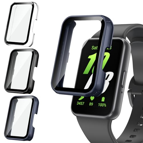 [3Pezzi] Kamita Custodia per Samasung Galaxy Fit 3 con Protezione Dello Schermo in 9H Vetro Temperato, Duro PC Bumper Cover Protezione Viso Completo Custodie per Galaxy Fit3 (Chiaro+Nero+Blu)