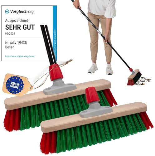 Novaliv 2X Gartenbesen 40 cm mit Stiel draußen Elaston Borsten Ideal als Besen draußen Straßenbesen mit Stiel Harte Borsten Terassenbesen Hofbesen Stallbesen Kehrbesen Industriebesen Outdoor Broom
