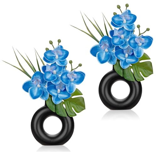 2er-Set Mini Kunstpflanze Orchideen Kunstblumen mit Keramik Donut Vase Künstliche Deko Blumen Kunstblumen Wie Echt Mit Real-Touch Blüten im Keramiktopf Tischdeko Fensterbank Deko, Blau