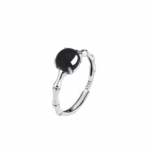 SUNYUHUI Kleine Eiernudel Bambus Knoten Schwarzer Achat Silber Ring Schmuck 925 Sterling Silber Vintage Ring Index Finger Ring, Silver