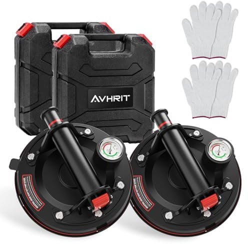 Avhrit 8-Inch Tile Suction Cups Lifter with Pressure Gauge, 485 lbs/220 kg Load Capacity, Heavy Duty Glass Vacuum Suction Cup for Replacing Auto Windshields, Tiles, Granite, and Floors (Two Cups)