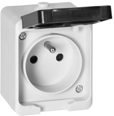 Miratic Enchufe Pared IP54 - Enchufe Superficie Blanco y Negro - Enchufe Francés Tipo E 2P+T Alta Resistencia y Seguridad (Enchufe Simple)