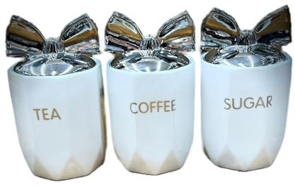Biznest Set Of 3 Jars Silver Bow Lid Kitchen Canister Jar For Tea Coffee Sugar Storage Pots Marble Effect Home Decor Dining Table Eye-Catching Glamorous Design (White)