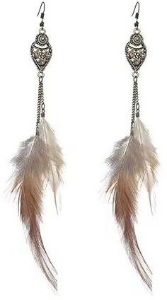 fdsmall Bohemia Feder Ohrringe Lange Quaste Feder Ohrringe Lange Kette Drop Retro Boho Ohrring Feder Tropfen Ohrringe Dangle Kette Ohrringe Schmuck Geschenk (Brown)