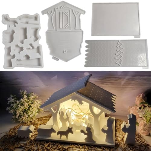 ALEFBET Silikonformen Gießformen, Silikonform Kerzenhalter Jesus Geburt, 3D Haus Krippen Silikon Gießform Kerzenhalter Gipsformen zum Gießen，Epoxidharz Formen (Krippen)