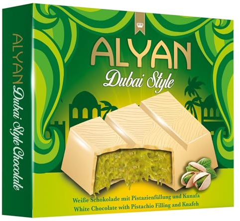 Alyan - Tablaeta de Chocolate Blanco Dubái, Relleno de Pistachos y Kunafa, Estilo Dubái, 100gr