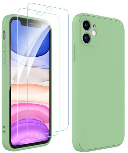 Ruayia Coque pour iPhone 11 avec 2 Pièces Protection Écran en Verre Trempé, Housse en Silicone Liquide, Étui Fine Mince Slim, Case Antichoc Souple pour iPhone 11-6,1 Pouces-Vert Clair