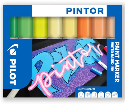 Pilot Pintor Creative Permanentmarker auf Wasserbasis für verschiedene Oberflächen, schnell trocknend, für Stoffe, Glas, Holz, Stein, Heimwerker, Amateur-Künstler, mittlere Spitze, 8 Stück, Zitrus-Set