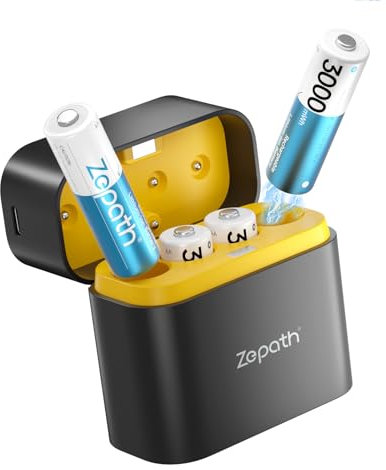 Zepath Rechargeable Lithium Batteries AA Pack of 4 with Charger, 3000 mWh High Capacity 1.5 V AA Batteries, Long Lasting Rechargeable AA Li-ion Battery with Integrated Charging Storage Box