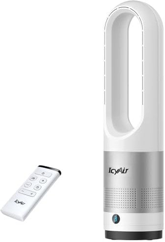 IcyAir Bladeless Tower Fan with Remote, 22 Quiet Tower Fan for Bedroom, 90° Oscillation & 8 Speeds, 35dB, 9H Timer, Baby-Safe, LED Display, Easy-Clean, Portable Standing Fans for Home & Office