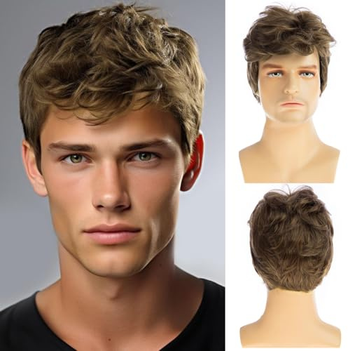 Dsimeig Herren Braun Perücke Kurz Schichten Naturhaar Synthetische Halloween Party Cosplay Perücke mit Kapuze