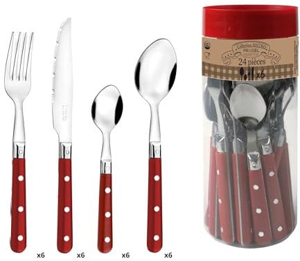 PRADEL ESSENTIEL - Ménagère 24 couverts de table pour 6 personnes - Bistro-Club - Acier inoxydable 18/0, Finition Standard - Rouge