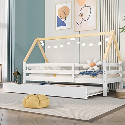 EINHOM Einzelbett 90x200cm&90x190cm, Kinderbett mit Seitengitter, Baumhausbett, Tagesbett, Ausziehbares Bett, Bett mit Rollen, Massivholz, Ausziehbett, Weiß+Natur, Dachkonstruktion, Ohne Matratze