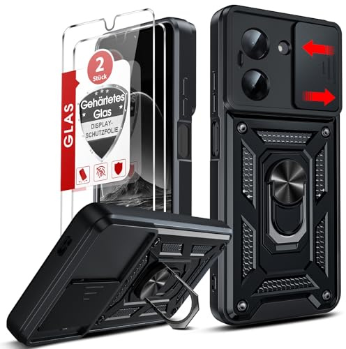 LeYi Handyhülle für Xiaomi Redmi A5 4G Hülle [2 Hartglas Schutzfolie] Kameraschutz Hybrid Schutzhülle Metall Ring Ständer Case Kamera Schiebeabdeckung Militär Redmi A 5 Handy Cover Schwarz