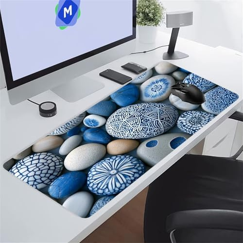 KIZIFI Gaming Mouse Pad 59x31.5x0.08 inch, Blue Pebbles XXL Extended Mouse Mat, Non-Slip Keyboard Mat with Stitched Edges, Large Mouse Mats for Desk Home Office