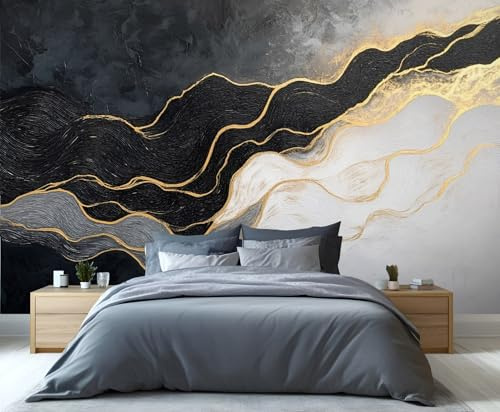 YXQAIED Marble Wallpaper, Black White and Gray Marble Bedroom Wallpaper, Gold Lines 3D Wall Murals for Living Room, Home Decor & Not Self-Adhesive Wallpaper