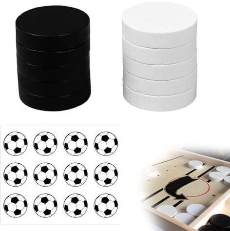 PYEUIFT 10 Stück Schwarze & Weiße Ersatz-Spielsteine für Sling Puck Spiel, Airhockey Tisch & Hockey Brettspiel – Mit Fußball-Aufkleber – Ersatzteile für Geschicklichkeitsspiel & Air Hockey Tischspiele