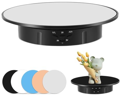 Elektrischer Drehteller Elektrisch, Drehscheibe 20cm mit 5 Hintergründen für Produktfotografie & Live-Video, Stufenlose Geschwindigkeit, 360° Rotation, 8kg Tragkraft
