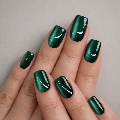 24PCS Magnetic Green Cat Eye Short Square Acrylic Press On Nails – Emerald Glossy Fake Nails for Women St Patricks Day Minimal Look, Reusable ABS Tips for Irish Holiday and Workwear Outfits