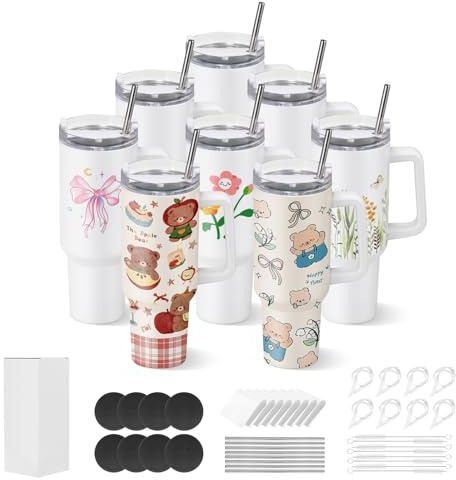 VEVOR Vasos de Sublimación 8 Piezas, Botellas de Agua con Asa de 1183 ml de Acero Inoxidable, Apto para Uso Alimentario con Tapas y Pajitas, con Aislamiento de Doble Pared, para Manualidades DIY