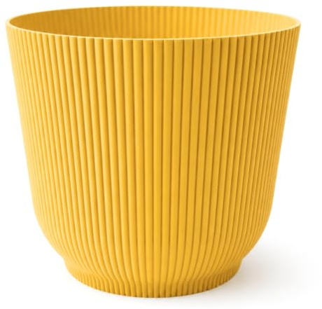 Large Plant Pot with Drainage Tray | Ribbed Planter for Indoor Houseplants & Outdoor Patio | Modern Round Flowerpot for Garden, Small Trees, Home Decor (Yellow, 37cm ⌀ x 34cm high)