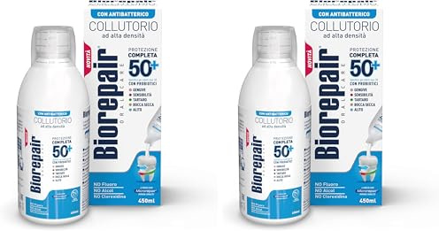 Biorepair, Collutorio Alta Densità Protezione Completa 50+, Per Adulti Over 50, Con Antibatterico e Probiotici, Contrasta Cause di Sanguinamento, Alitosi e Infiammazioni, 450ml (Confezione da 2)
