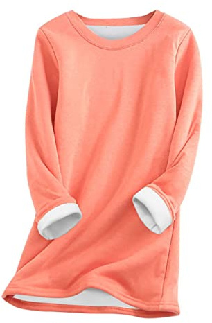 Sweatshirt av fleece – termoundertröja dam långärmad, stora storlekar, sweattop, vinter, varm, fritidströja med rund hals, sweatshirts, basic damtröja, mjuk långtröja, ROSA, 3XL