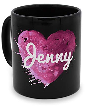 printplanet - Tasse Schwarz mit Namen Jenny - Motiv: Painted Heart - Namenstasse, Kaffeebecher, Mug, Becher, Kaffeetasse