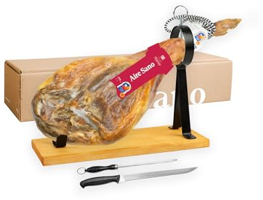 Jamón de Teruel D.O.P. Gran Premier de Aire Sano (7,5-9,5Kg) - Alto contenído en Proteínas, Sin Gluten y Sin Lactosa- Incluye jamonero + cuchillo + chaira + estuche